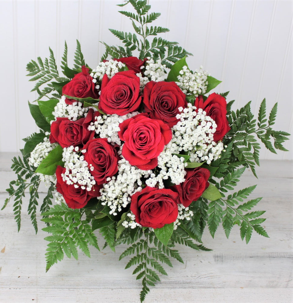 Bouquet of One (1) Dozen Red Roses with Baby's Breath and Greens (no vase)