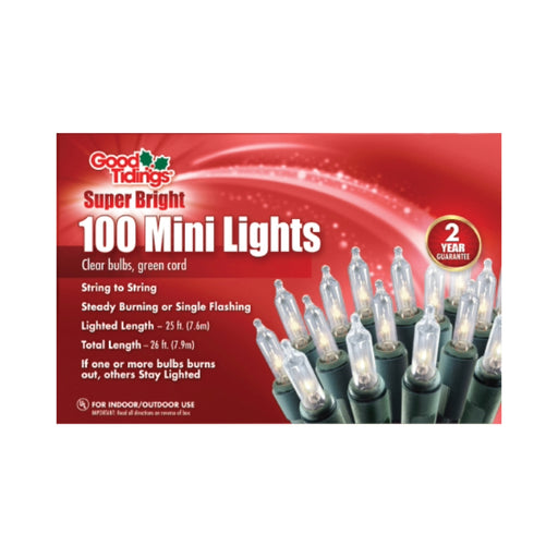 Good Tidings Super Bright - 100 Mini Lights on Green Wire (27' Long)