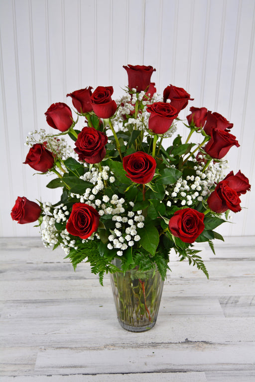 Two Dozen Long Stem Red Roses With Baby's Breath in a Vase  - Classic