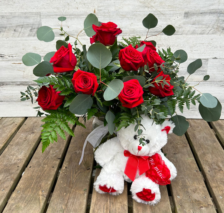 Premium Dozen Long Stem Roses with Exotic Greens (vase) & Plush Teddy Bear