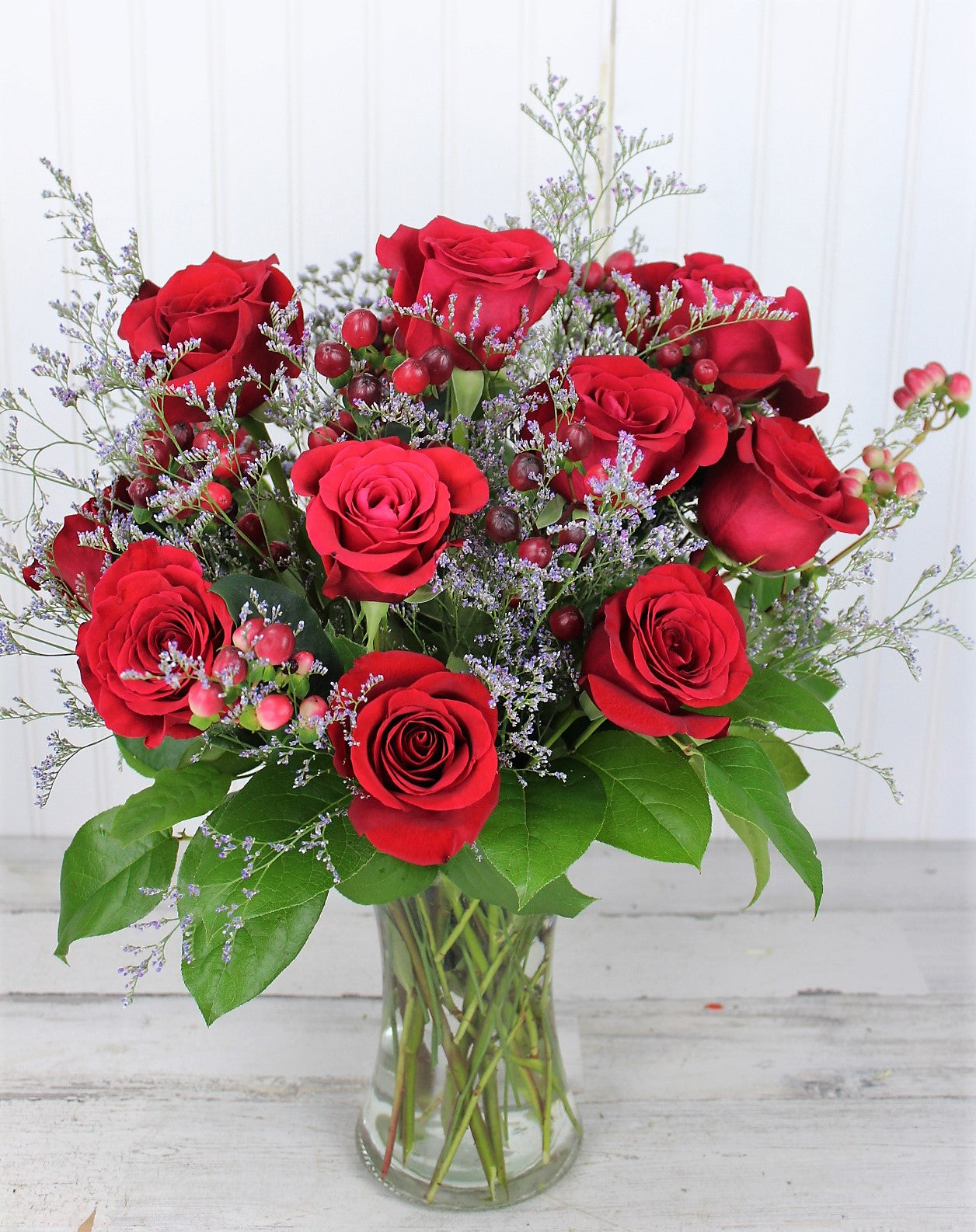 One Dozen Long Stem Red Roses with filler in a vase- My Valentine