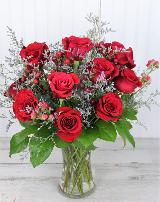 One Dozen Long Stem Red Forever Roses with filler in a vase- My Valentine